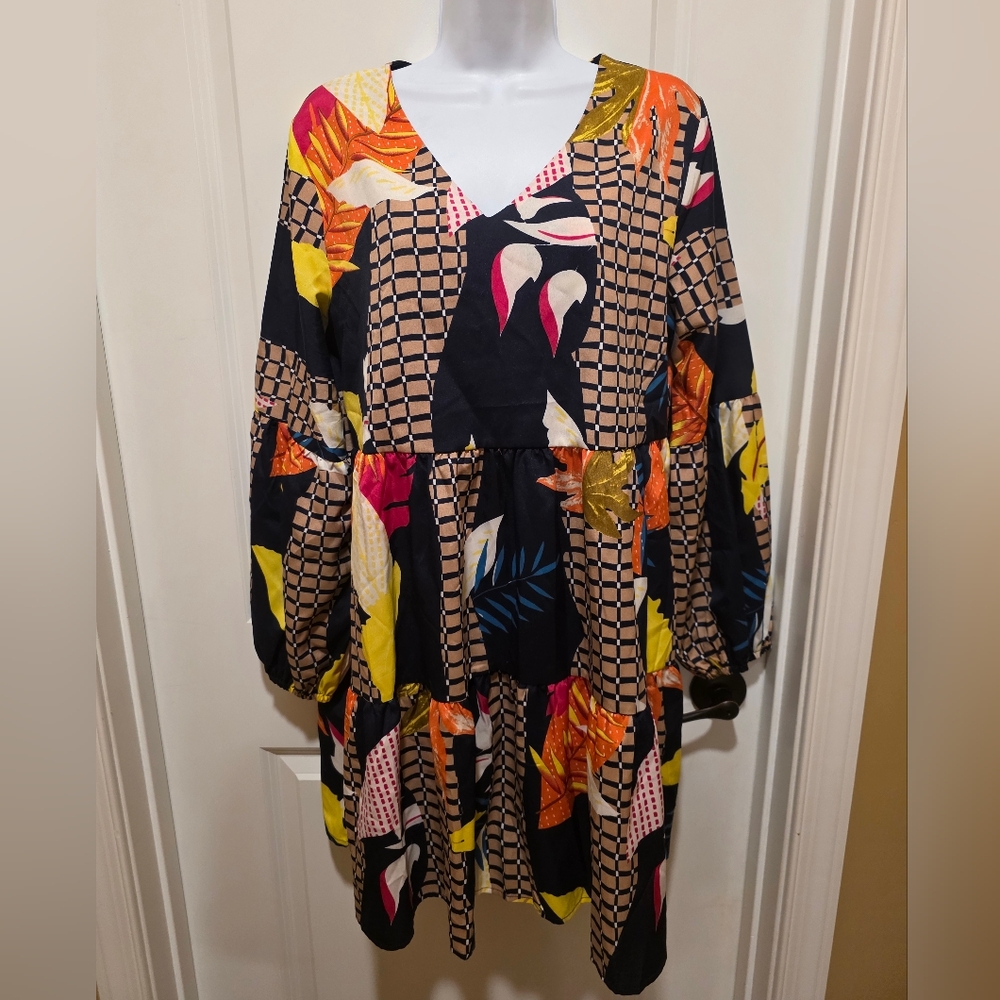 Casual Yellow and Orange V-Neck Sundress with Bishop Sleeves